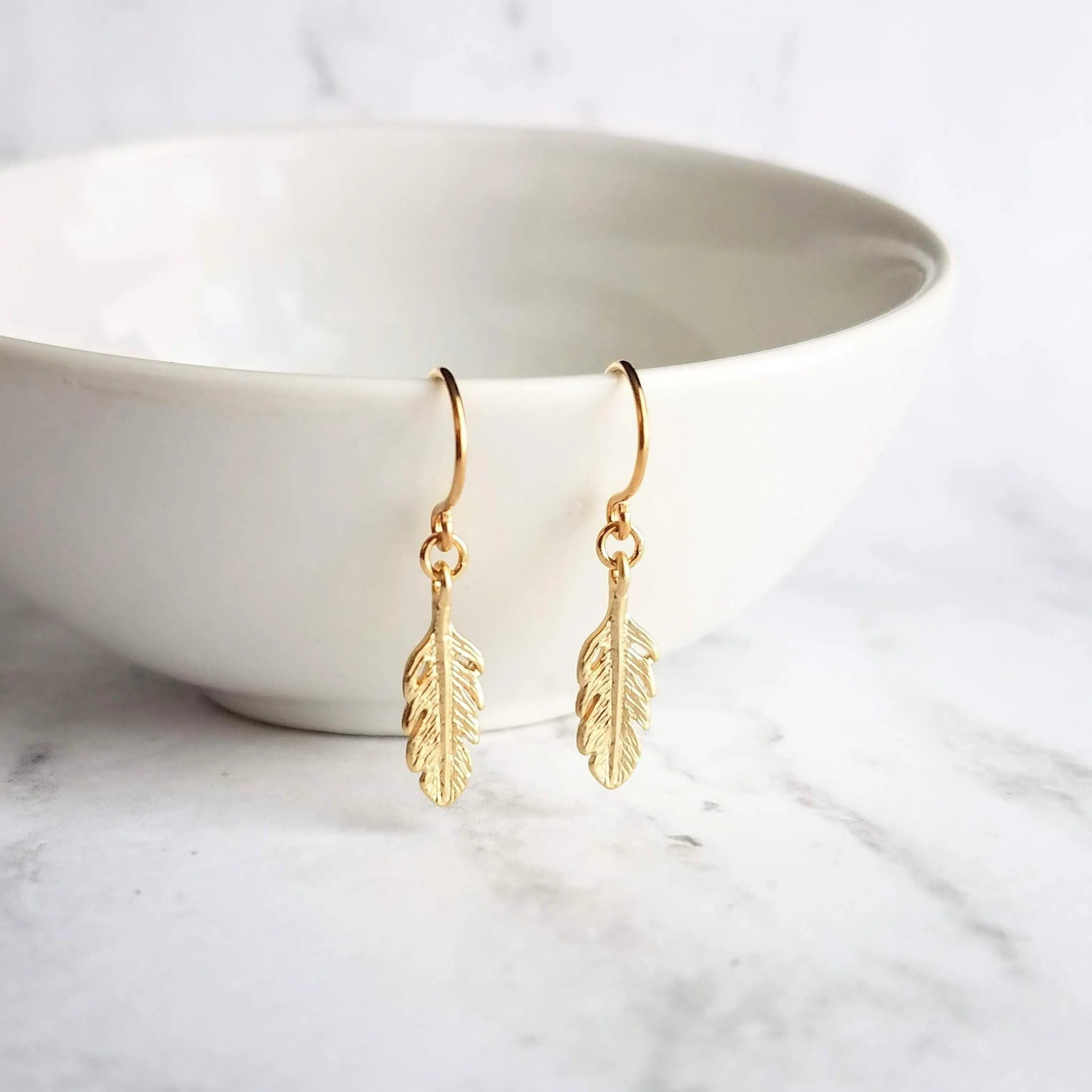 Gold Feather Earring, tiny feather earrings, little feather dangle, small gold feather earring, 14K solid gold or gold fill hooks opt, leaf