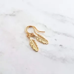Gold Feather Earring, tiny feather earrings, little feather dangle, small gold feather earring, 14K solid gold or gold fill hooks opt, leaf