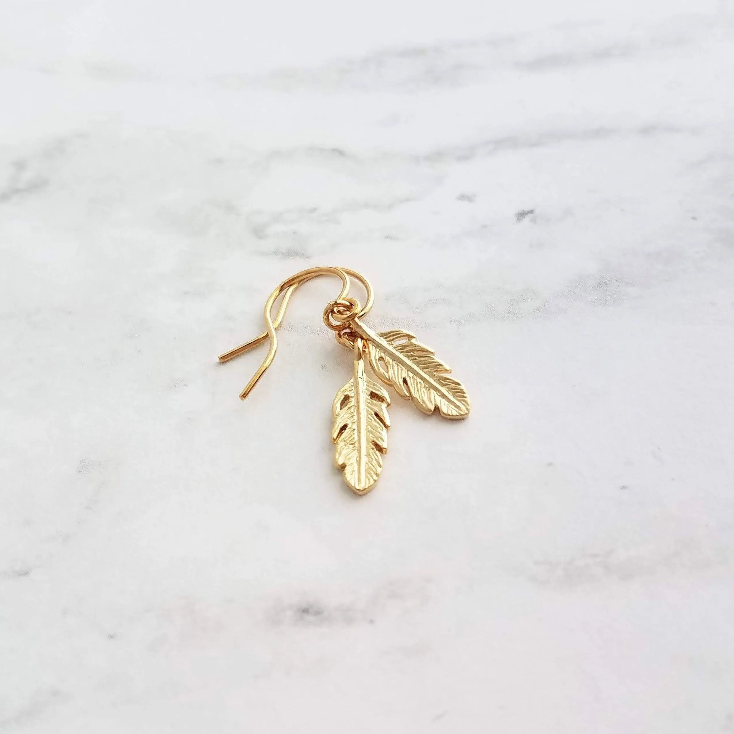Gold Feather Earring, tiny feather earrings, little feather dangle, small gold feather earring, 14K solid gold or gold fill hooks opt, leaf