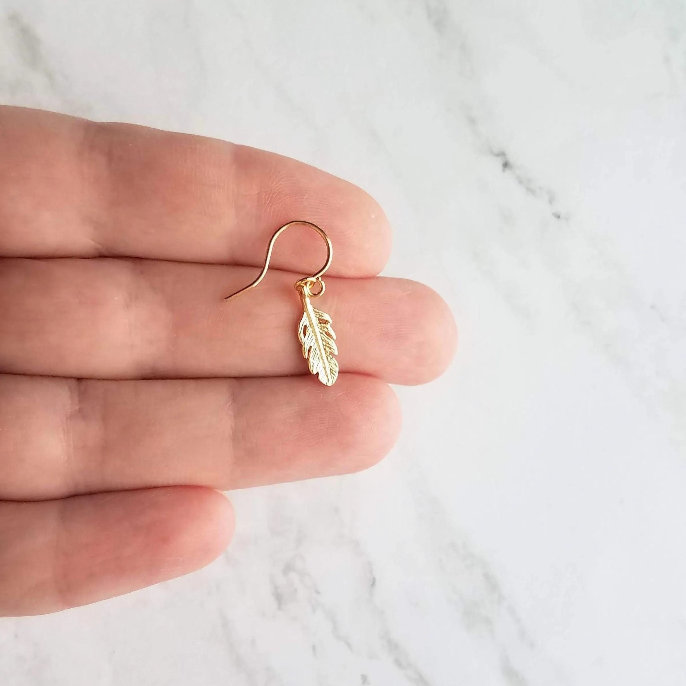 Gold Feather Earring, tiny feather earrings, little feather dangle, small gold feather earring, 14K solid gold or gold fill hooks opt, leaf