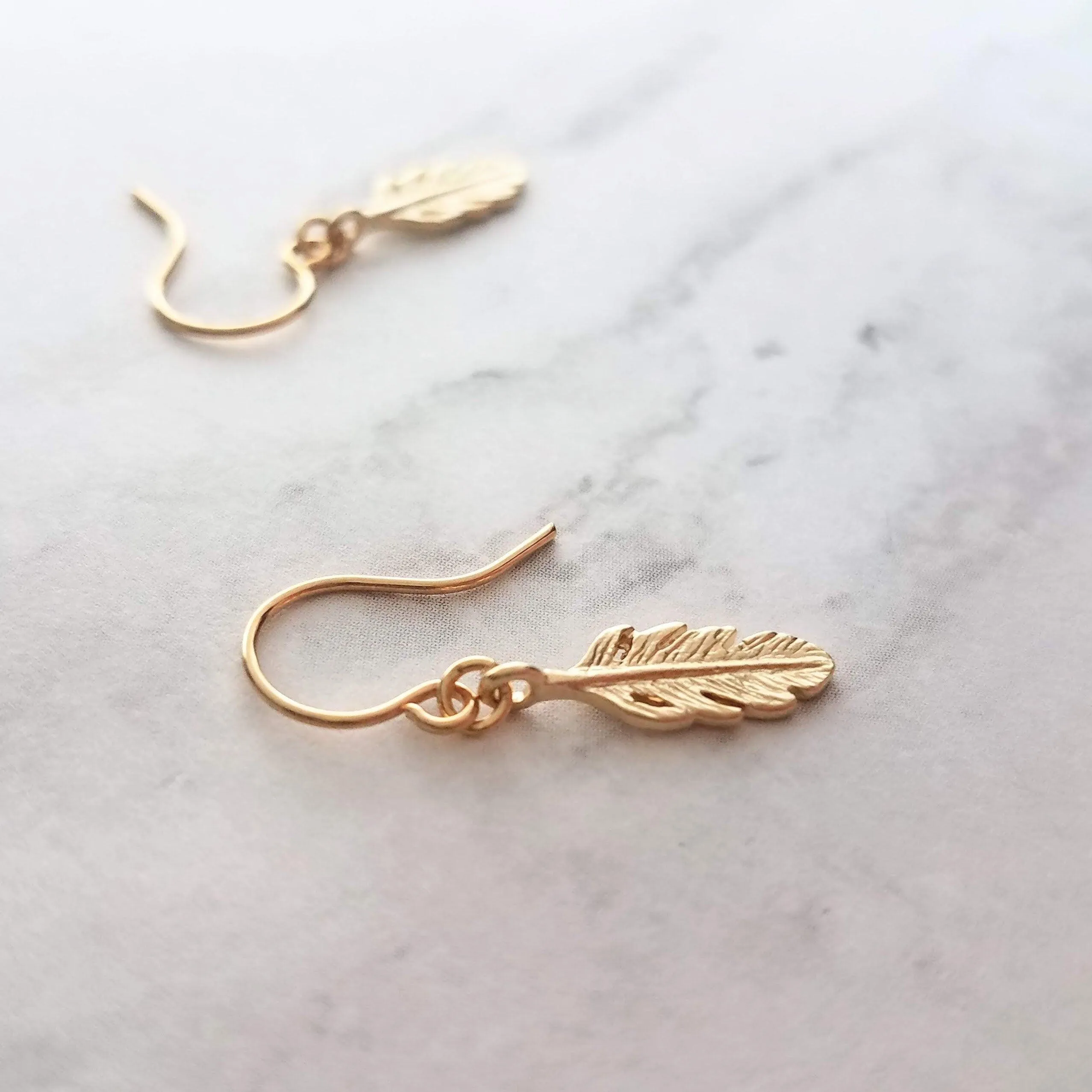 Gold Feather Earring, tiny feather earrings, little feather dangle, small gold feather earring, 14K solid gold or gold fill hooks opt, leaf