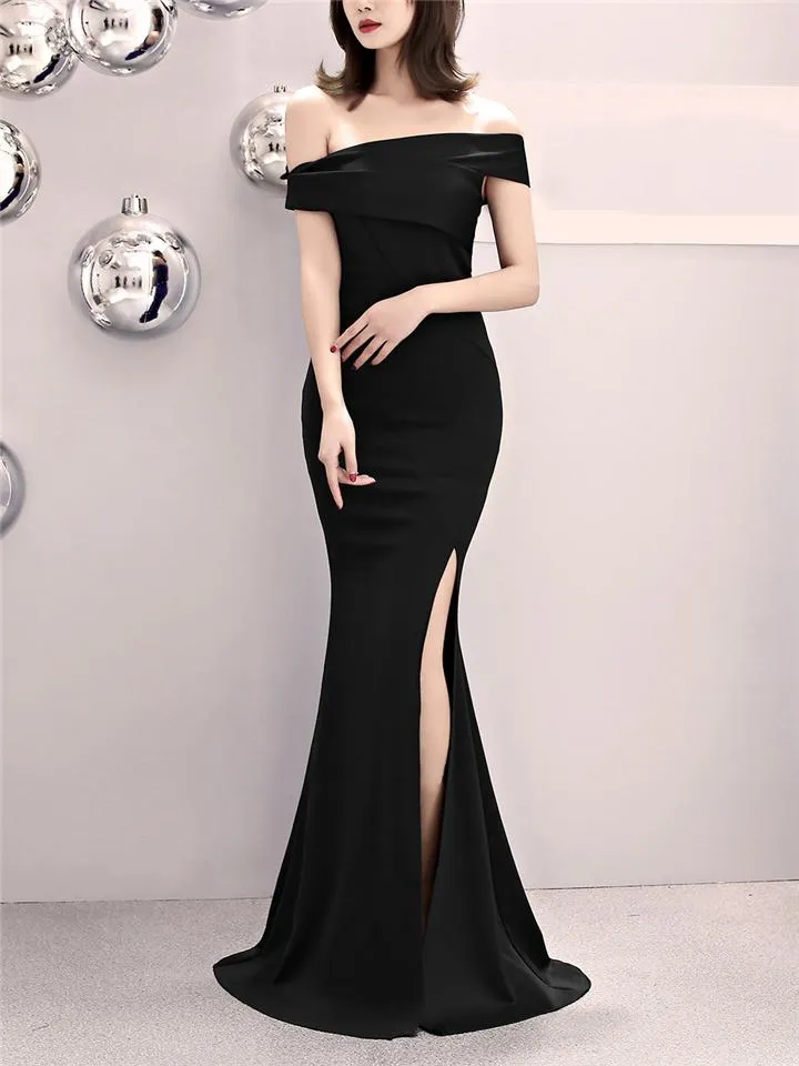 Gorgeous Off Shoulder Asymmetric Navy Blue Formal Dress