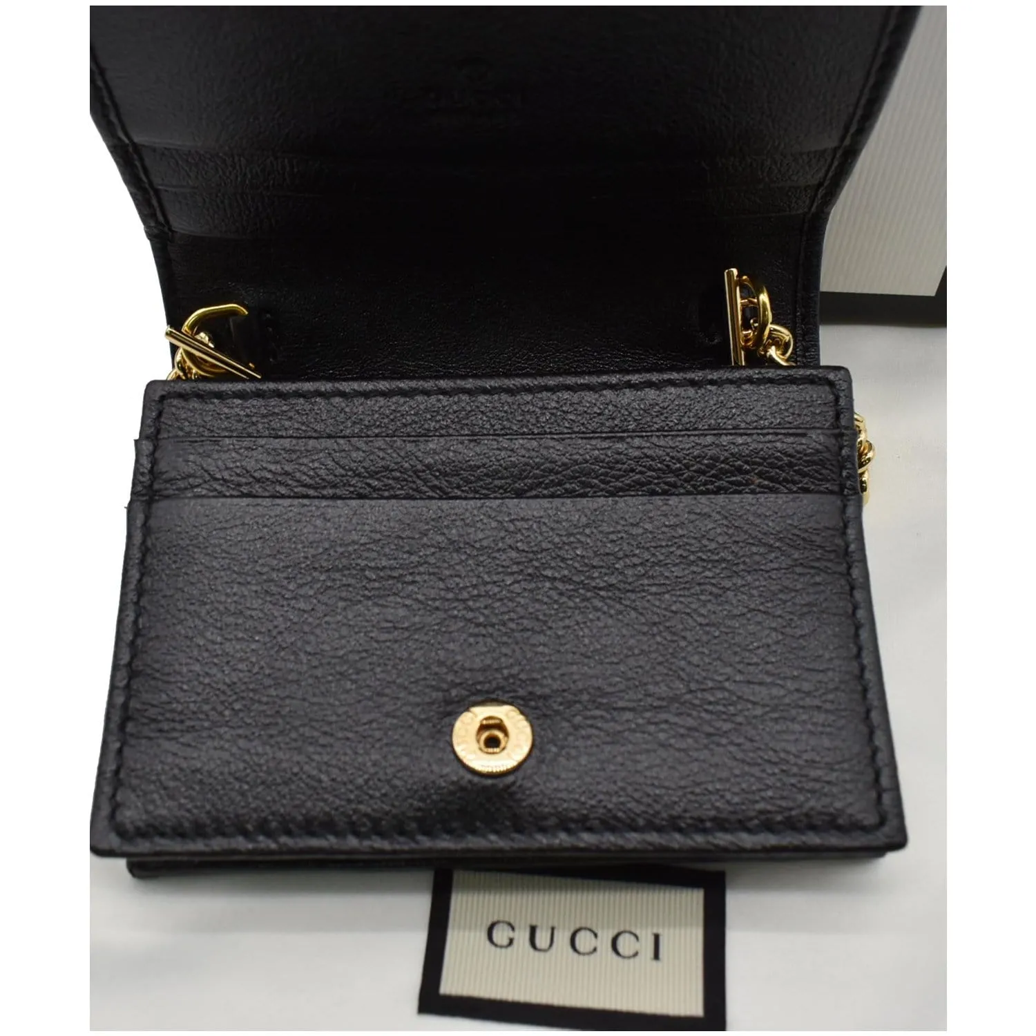GUCCI Rajah Web Leather Card Case Chain Wallet Black 573790