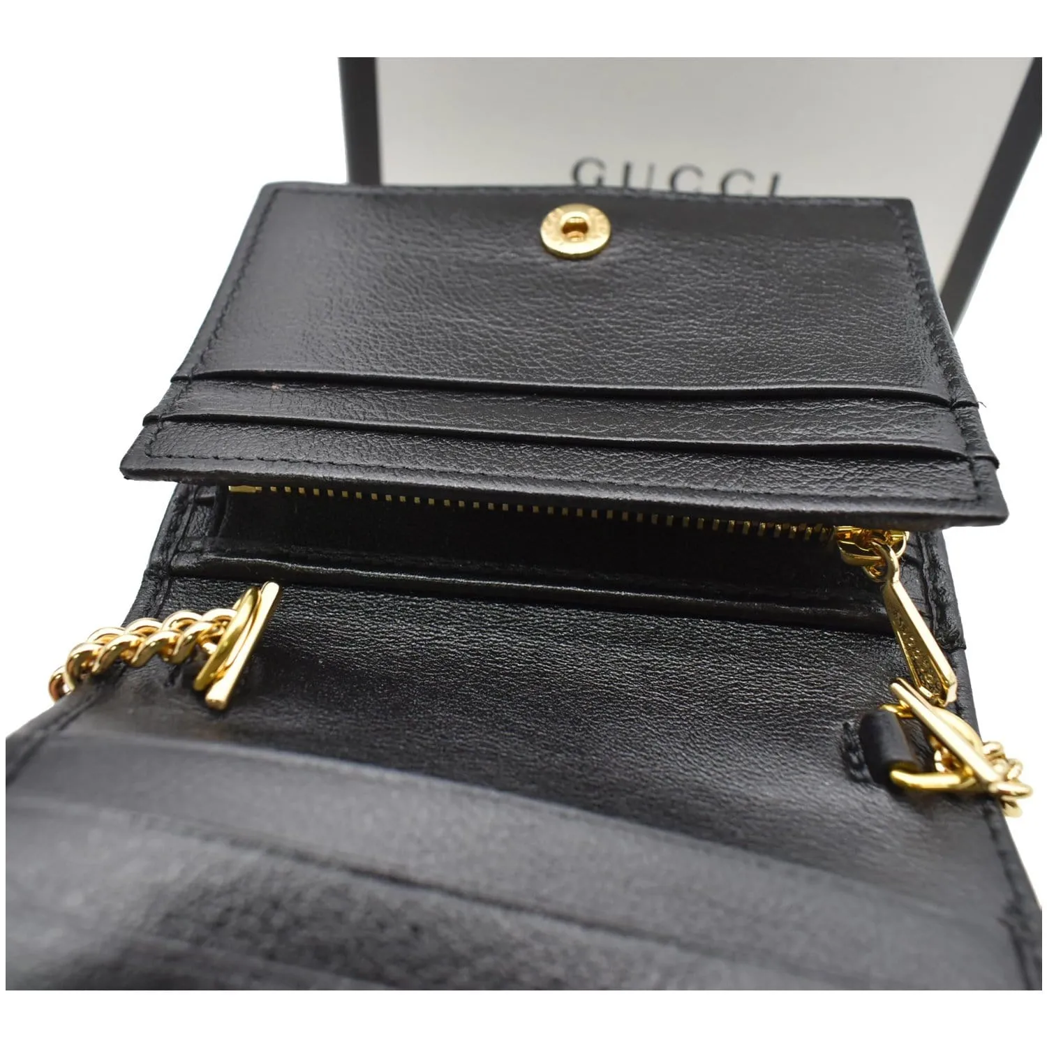 GUCCI Rajah Web Leather Card Case Chain Wallet Black 573790