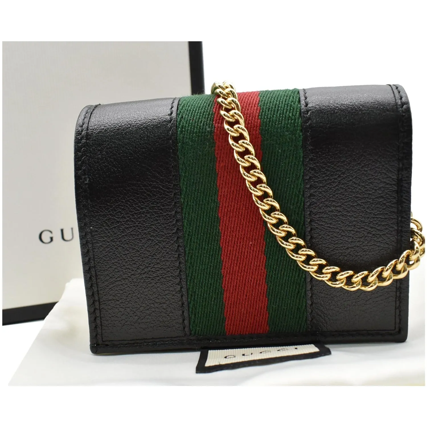 GUCCI Rajah Web Leather Card Case Chain Wallet Black 573790