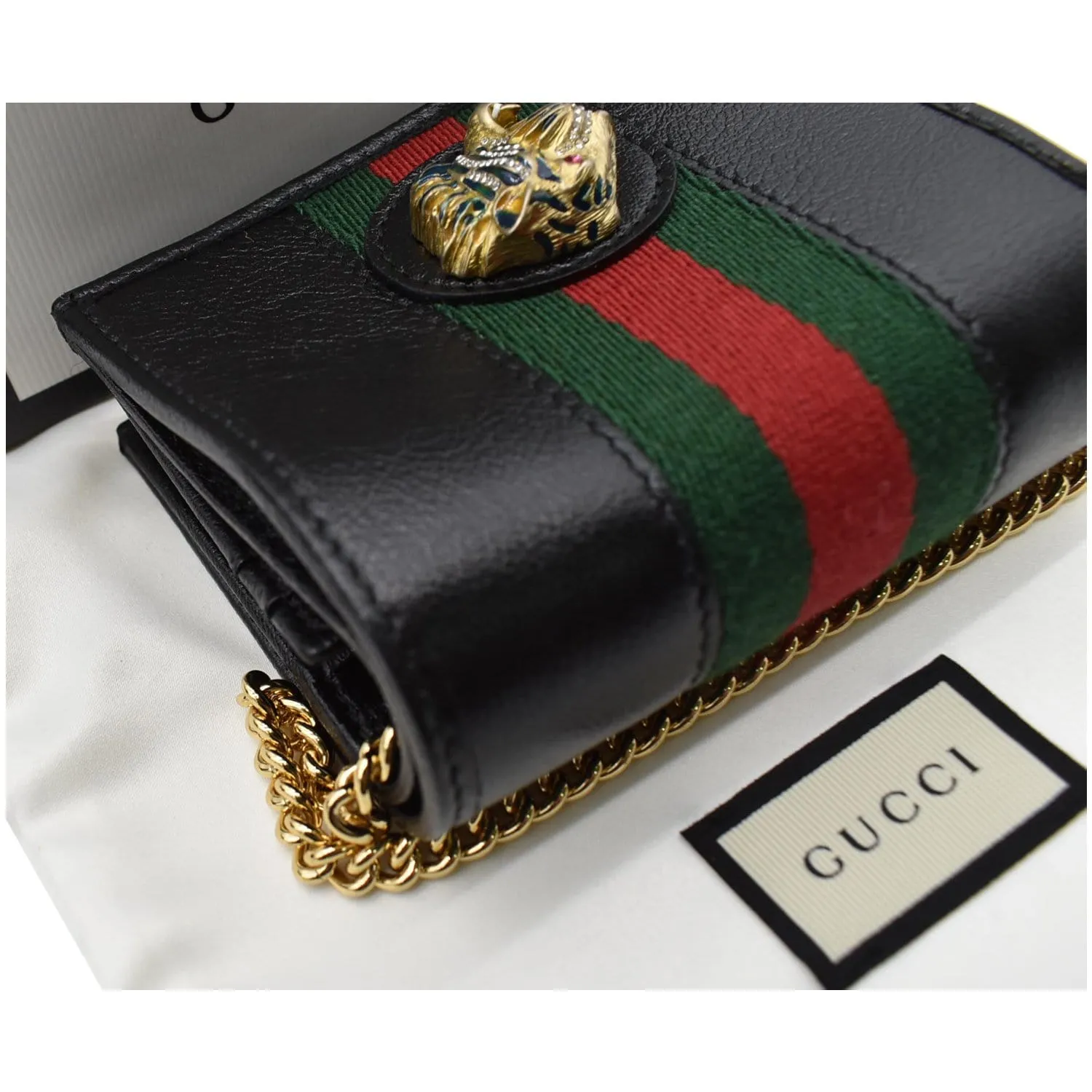 GUCCI Rajah Web Leather Card Case Chain Wallet Black 573790