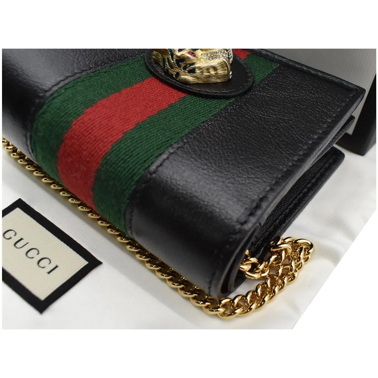 GUCCI Rajah Web Leather Card Case Chain Wallet Black 573790