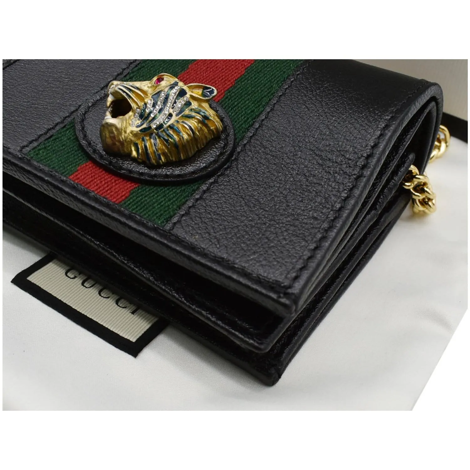 GUCCI Rajah Web Leather Card Case Chain Wallet Black 573790