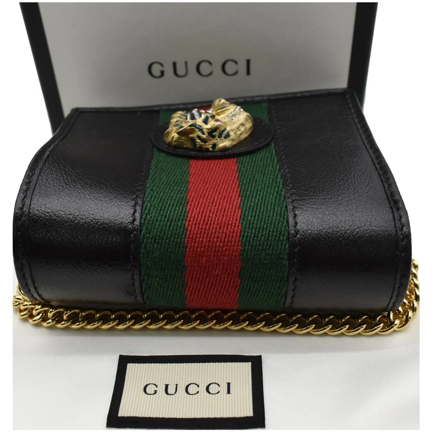 GUCCI Rajah Web Leather Card Case Chain Wallet Black 573790