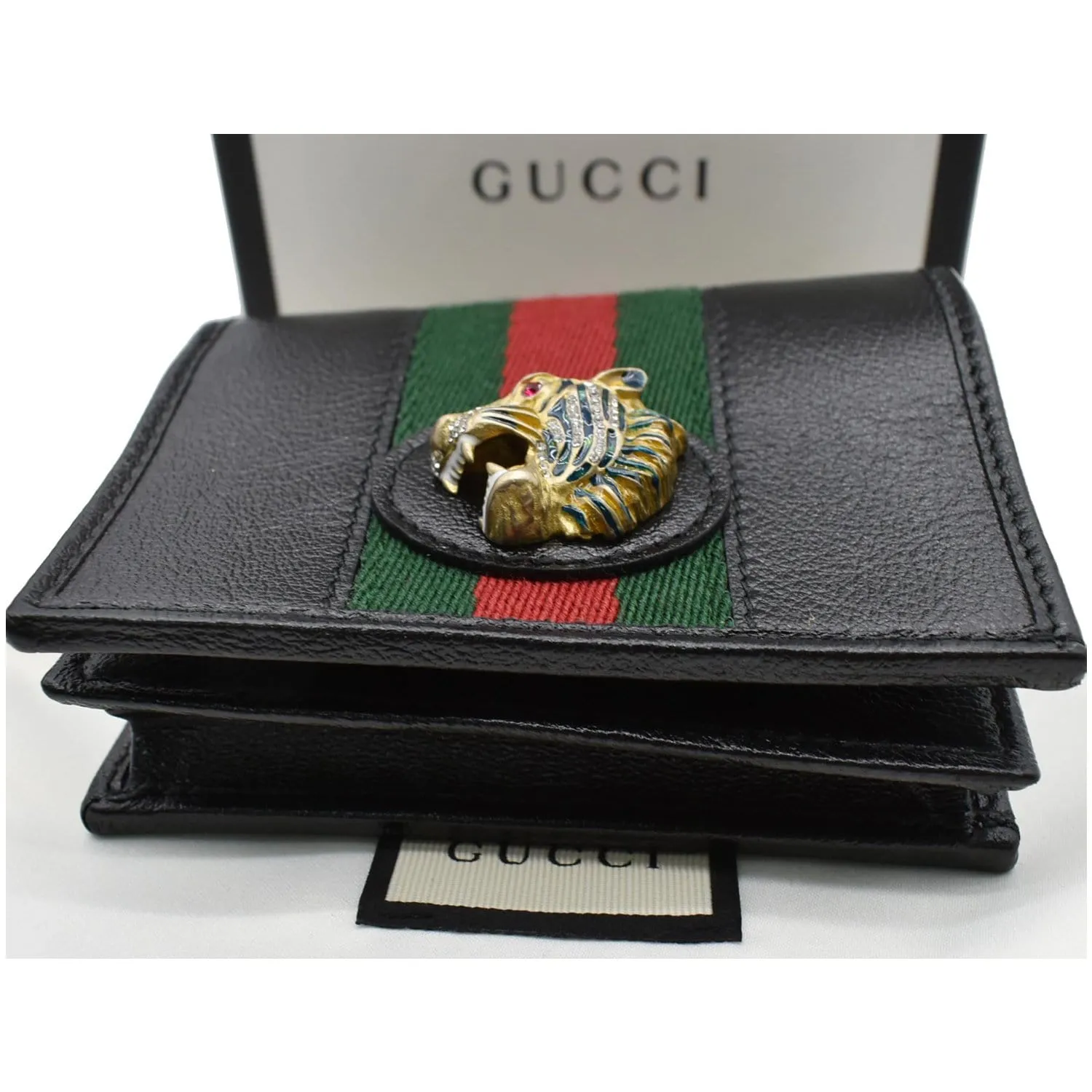 GUCCI Rajah Web Leather Card Case Chain Wallet Black 573790
