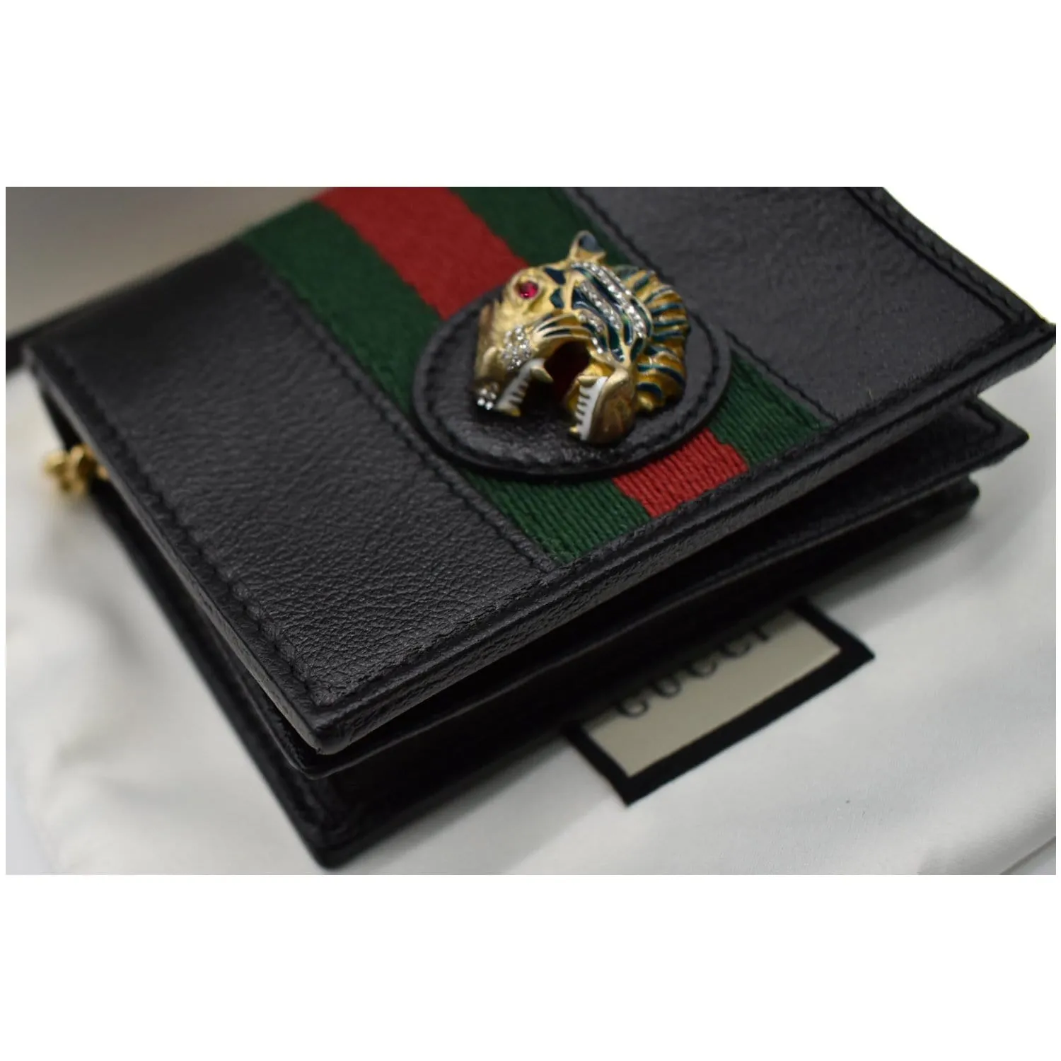 GUCCI Rajah Web Leather Card Case Chain Wallet Black 573790