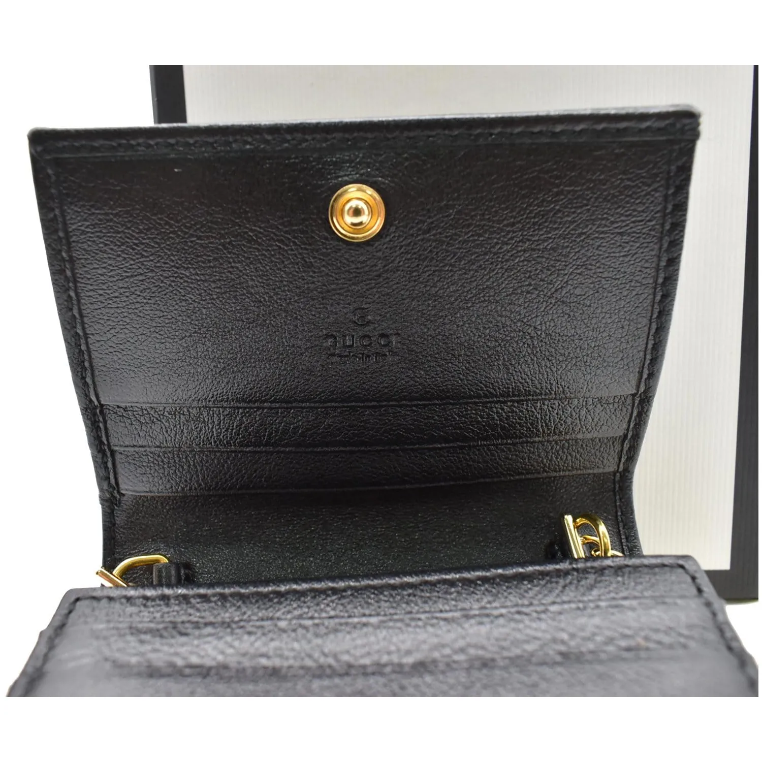 GUCCI Rajah Web Leather Card Case Chain Wallet Black 573790