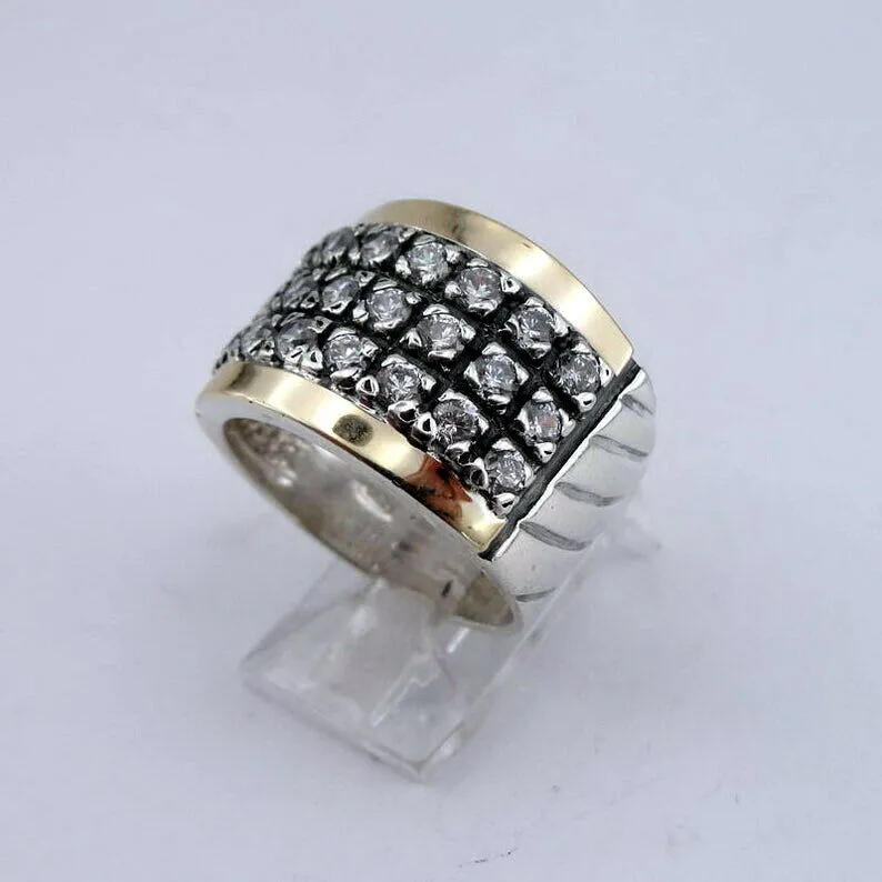 Hadar Designers 9k Yellow Gold 925 Silver Zircon Ring Handmade (Ms)y