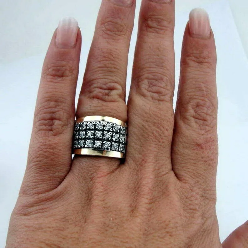 Hadar Designers 9k Yellow Gold 925 Silver Zircon Ring Handmade (Ms)y