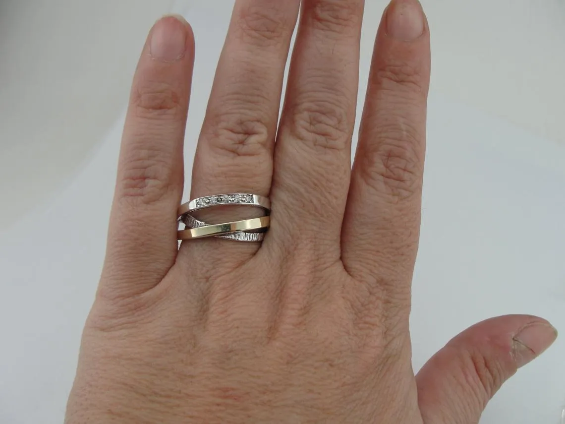 Hadar Designers 9k Yellow Gold 925 Silver Zircon Ring, Israel Art (Ms)