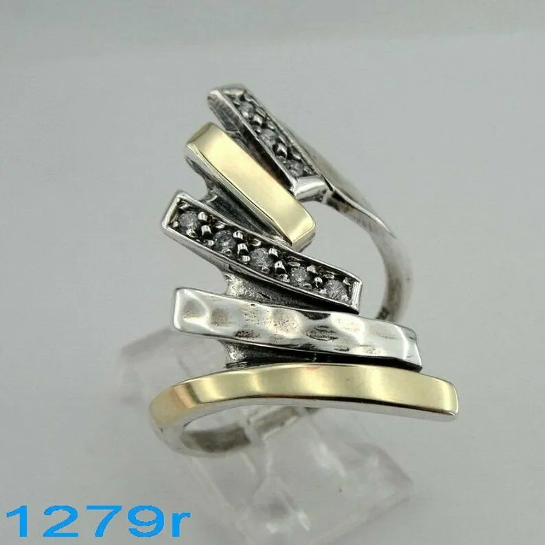 Hadar Designers 9k Yellow Gold 925 Silver Zircon Ring,Handmade (Ms