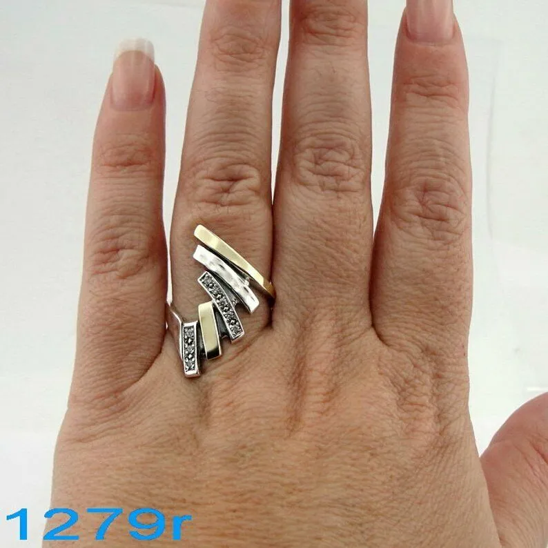 Hadar Designers 9k Yellow Gold 925 Silver Zircon Ring,Handmade (Ms