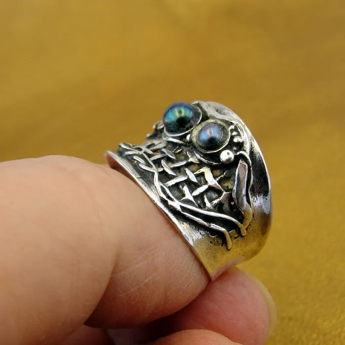 Hadar Designers Black Pearl Ring size 7,7.5 Handmade 925 Sterling Silver (H)Y