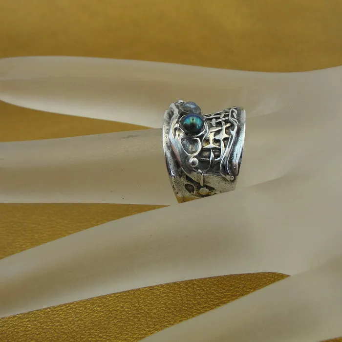 Hadar Designers Black Pearl Ring size 7,7.5 Handmade 925 Sterling Silver (H)Y