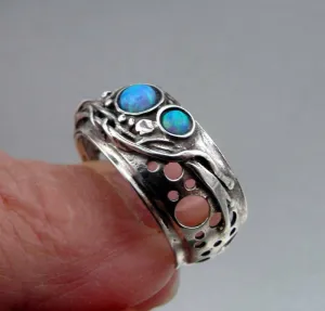 Hadar Designers Blue Opal Ring 6,7,8,9 Sterling Silver 925 Handmade (H 1332)SALE