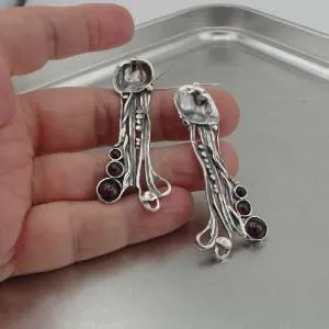 Hadar Designers Red Garnet Earrings Handmade Drop Dangle 925 Sterling Silver  (H)