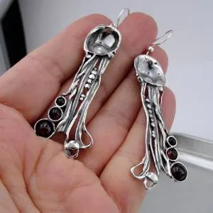 Hadar Designers Red Garnet Earrings Handmade Drop Dangle 925 Sterling Silver  (H)