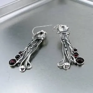 Hadar Designers Red Garnet Earrings Handmade Drop Dangle 925 Sterling Silver  (H)
