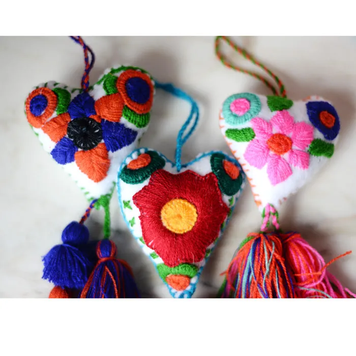 Heart - Large Mexican Ornament Felt Chiapas Handmade Flower Embroidered Colorful