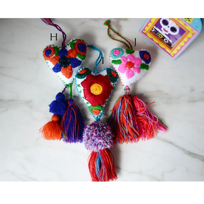 Heart - Large Mexican Ornament Felt Chiapas Handmade Flower Embroidered Colorful