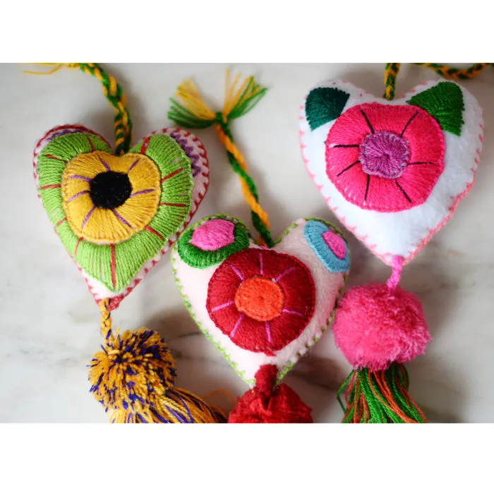 Heart - Large Mexican Ornament Felt Chiapas Handmade Flower Embroidered Colorful