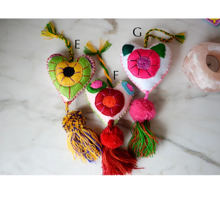Heart - Large Mexican Ornament Felt Chiapas Handmade Flower Embroidered Colorful