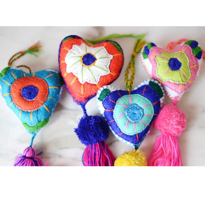 Heart - Large Mexican Ornament Felt Chiapas Handmade Flower Embroidered Colorful