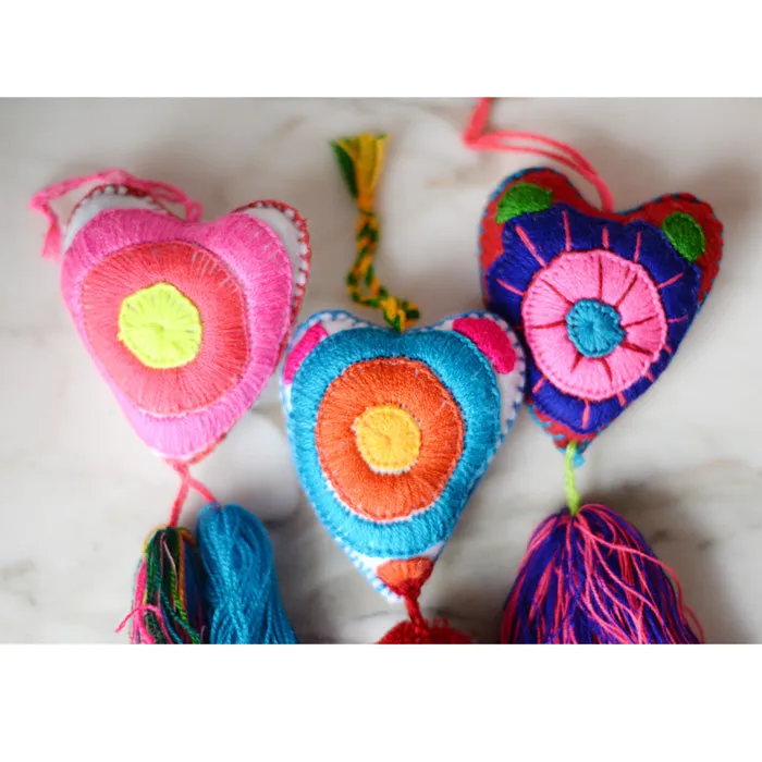 Heart - Large Mexican Ornament Felt Chiapas Handmade Flower Embroidered Colorful