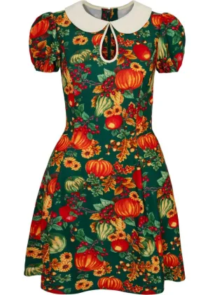 Hell Bunny Autumn Pumpkin 40's Mini Dress Green