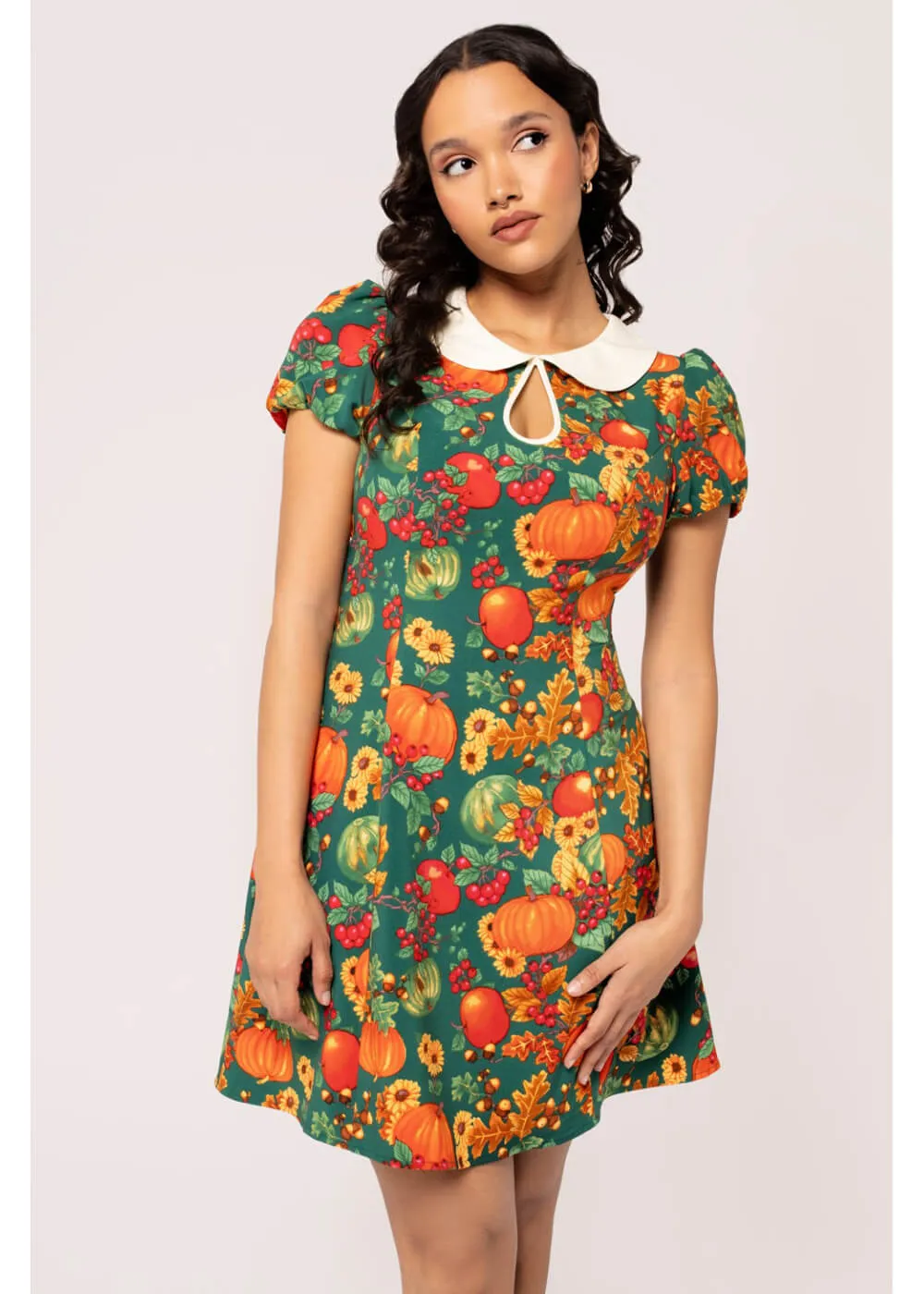 Hell Bunny Autumn Pumpkin 40's Mini Dress Green