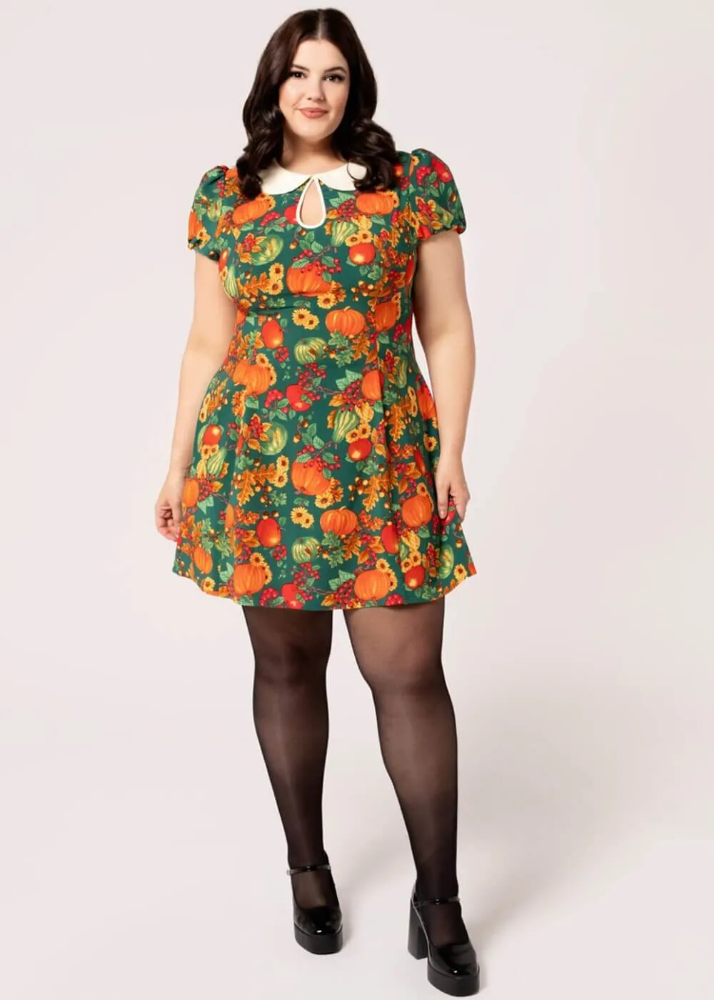 Hell Bunny Autumn Pumpkin 40's Mini Dress Green