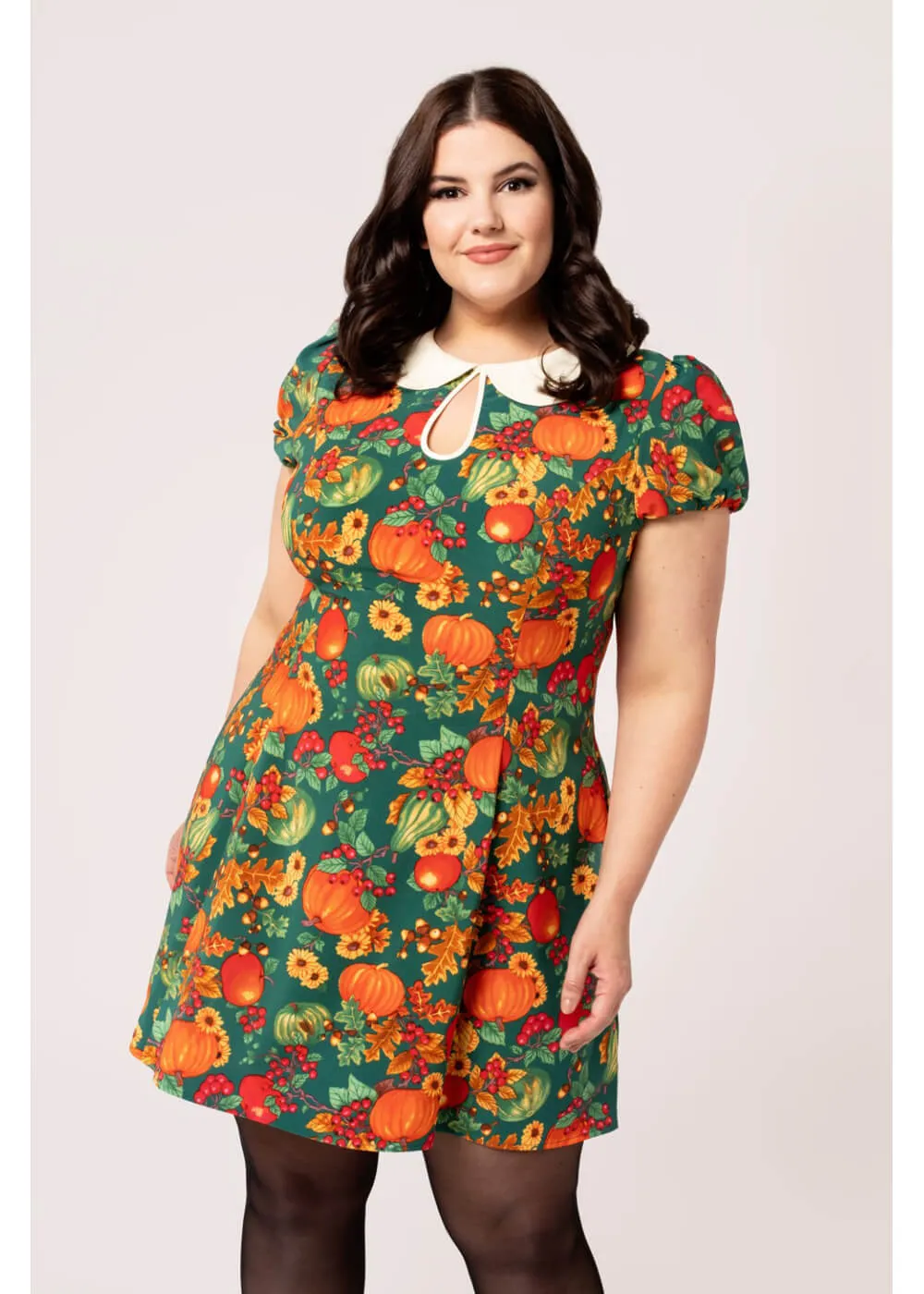 Hell Bunny Autumn Pumpkin 40's Mini Dress Green