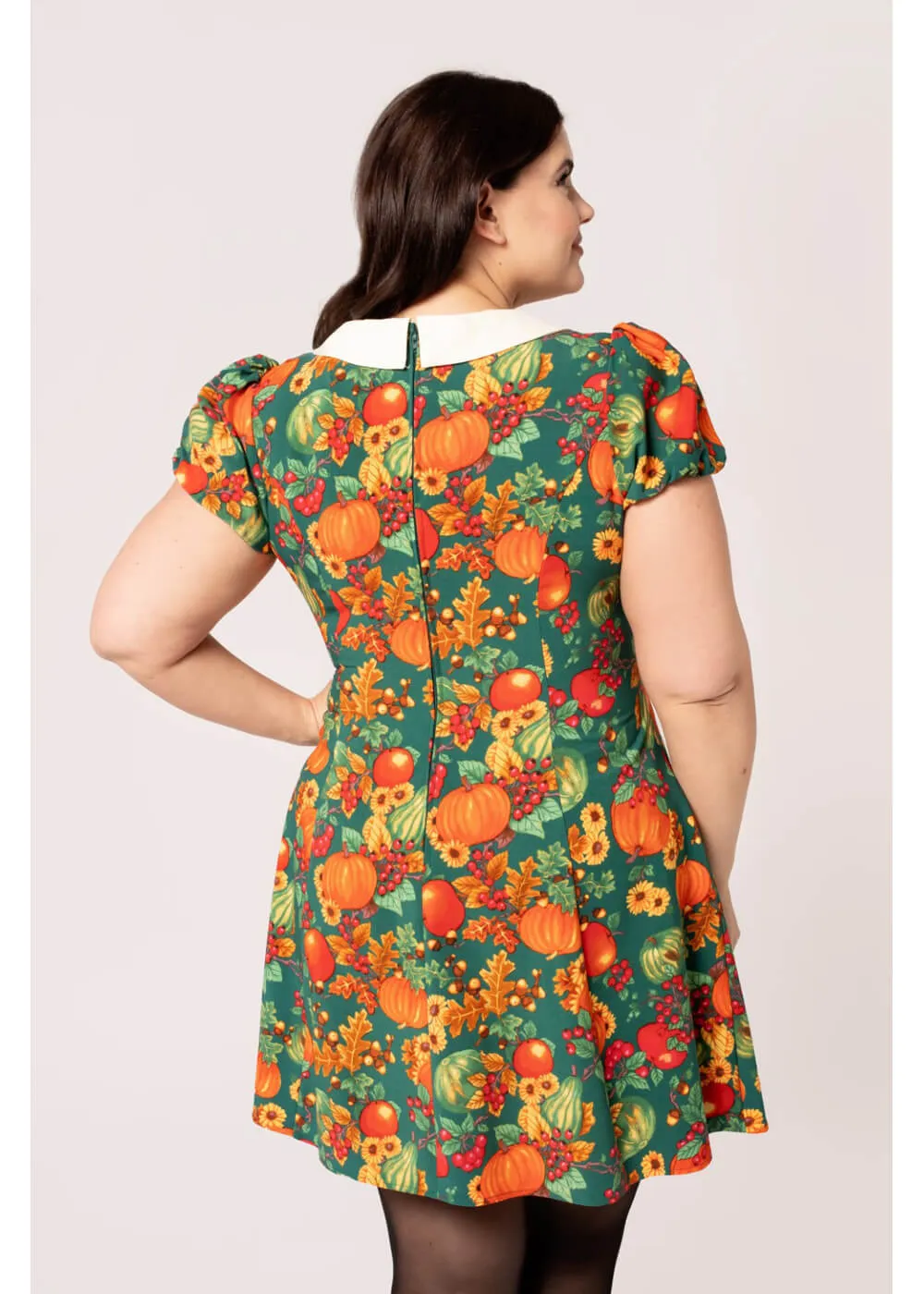 Hell Bunny Autumn Pumpkin 40's Mini Dress Green