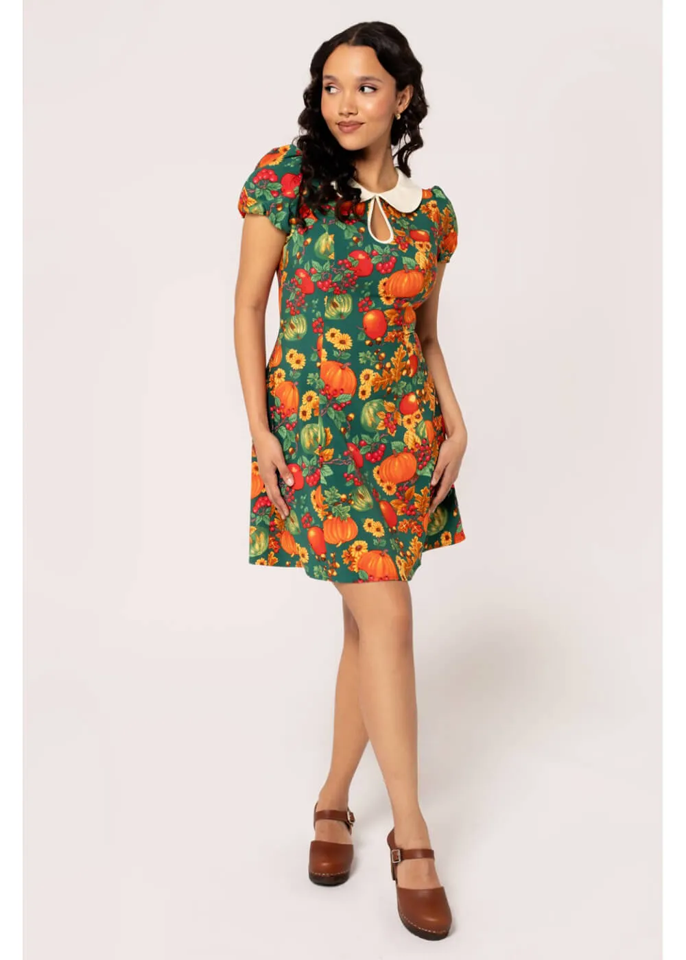 Hell Bunny Autumn Pumpkin 40's Mini Dress Green
