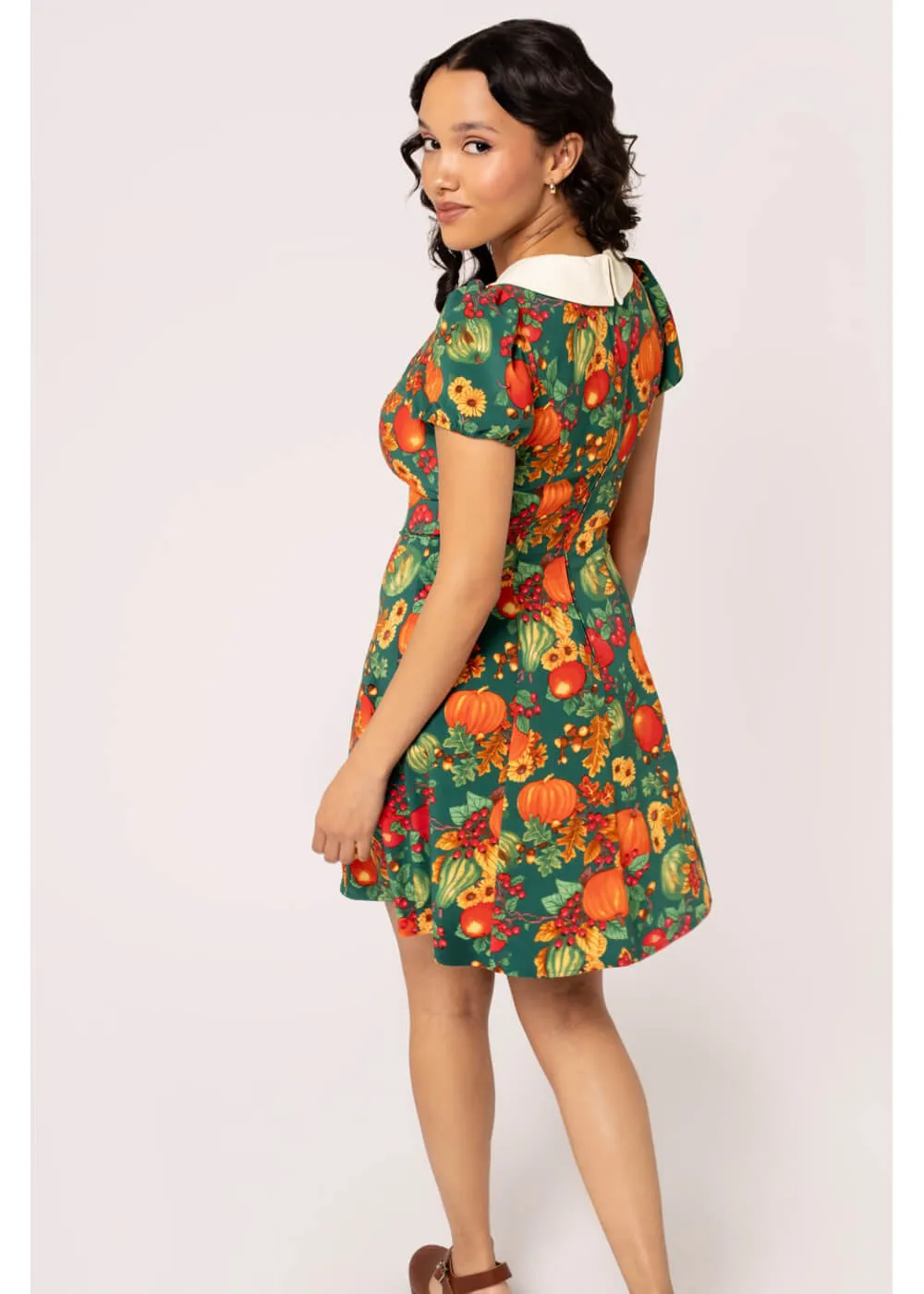 Hell Bunny Autumn Pumpkin 40's Mini Dress Green