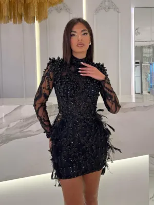 High Neck Long Sleeve Elaborate Mini Bodycon Dress HT1098