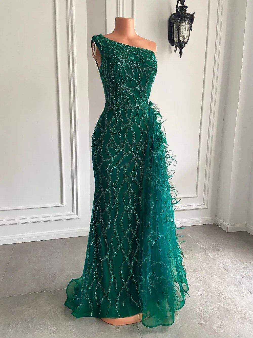 High Slit Green Tulle Beaded Dubai Women Party Formal Gowns