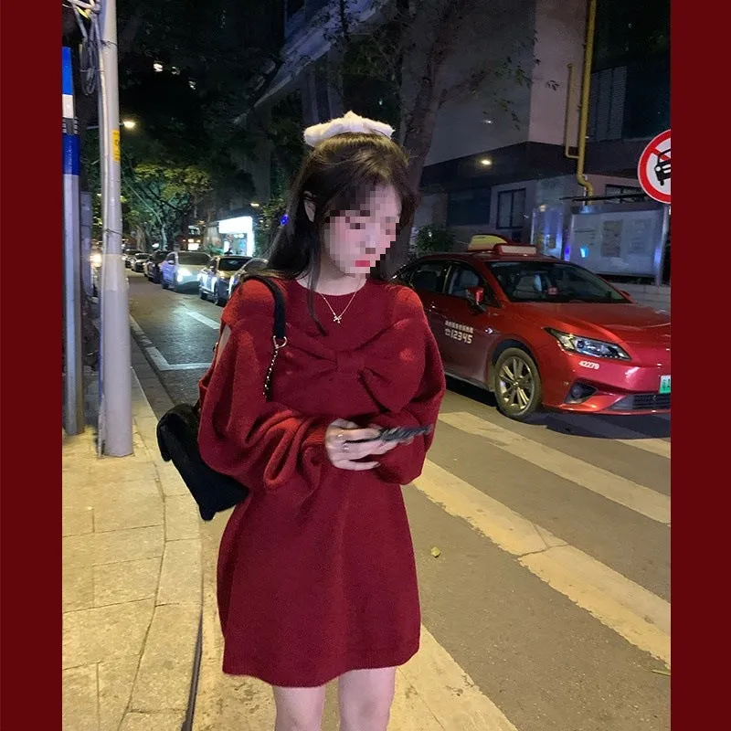 INSTOCK-Red knitted off-shoulder bow sweater dress