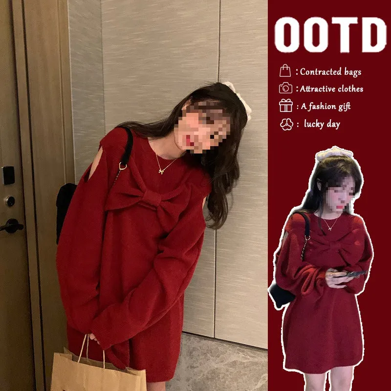 INSTOCK-Red knitted off-shoulder bow sweater dress