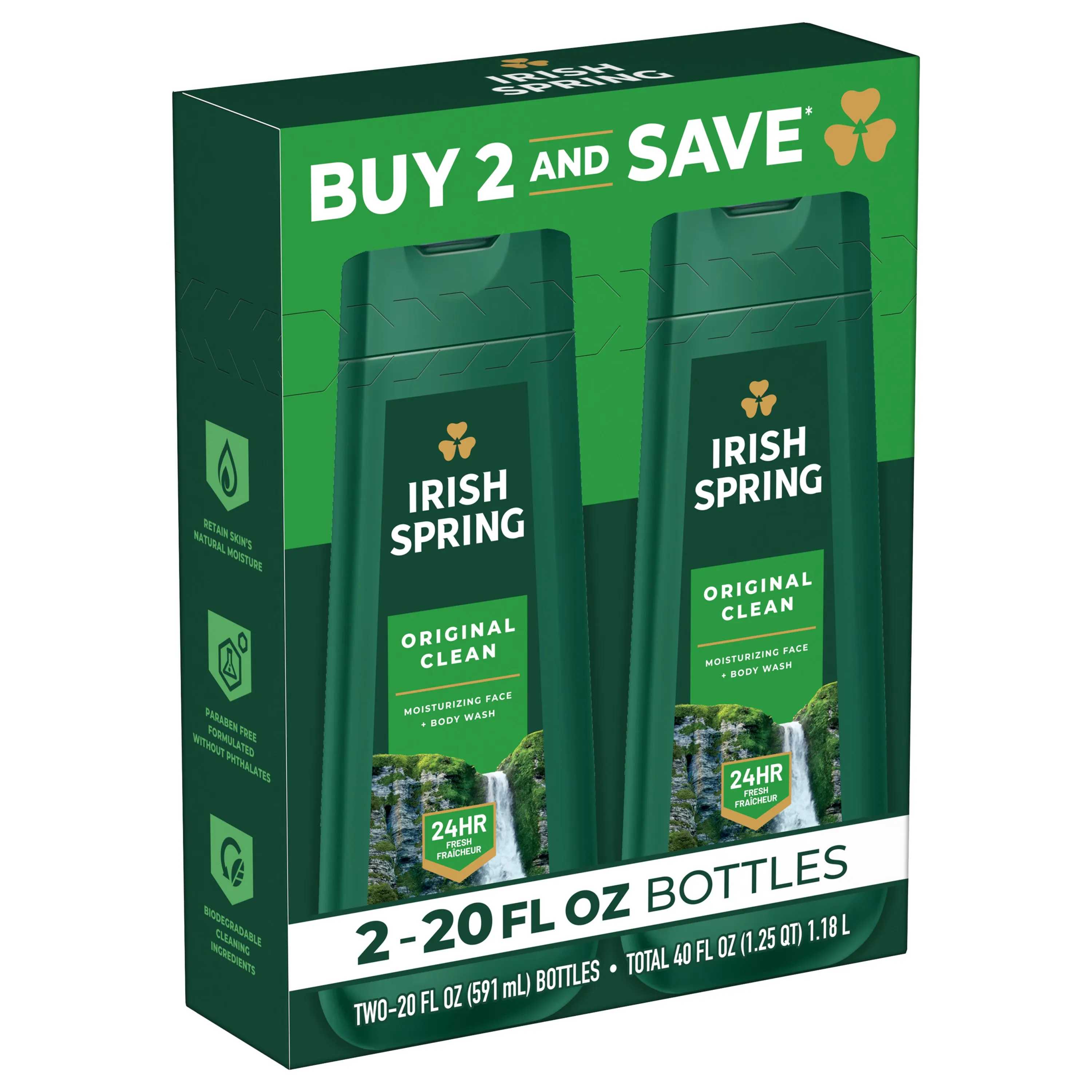 Irish Spring Body Wash for Men, Original Clean Body Wash, 20 Oz, 2 Pack