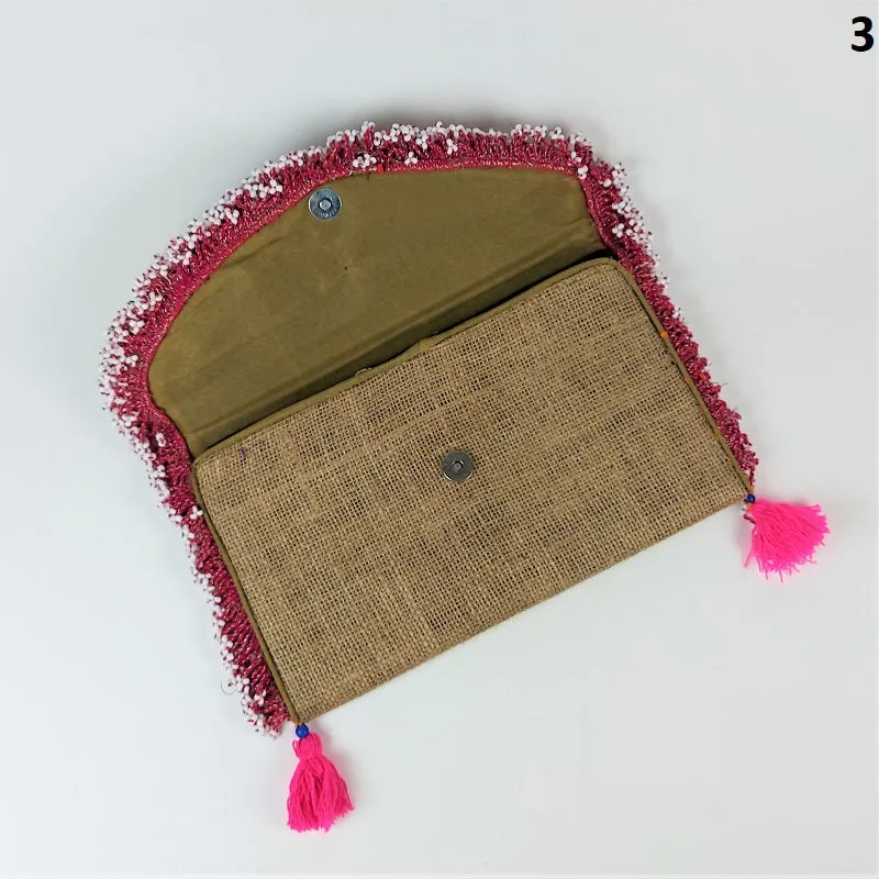 Jute coffee bean clutch bag with colorful accents