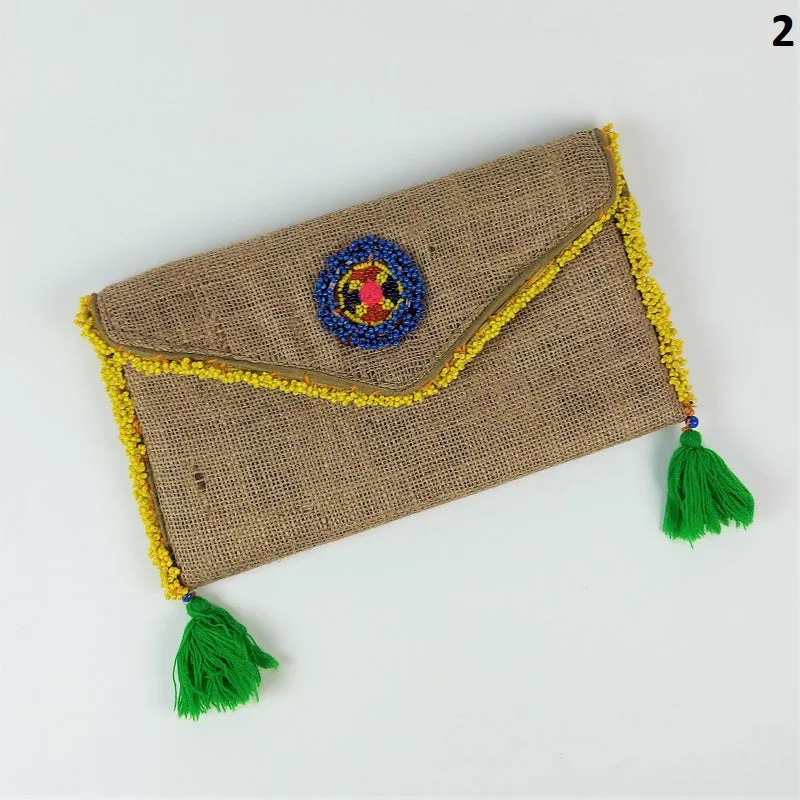 Jute coffee bean clutch bag with colorful accents