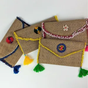Jute coffee bean clutch bag with colorful accents
