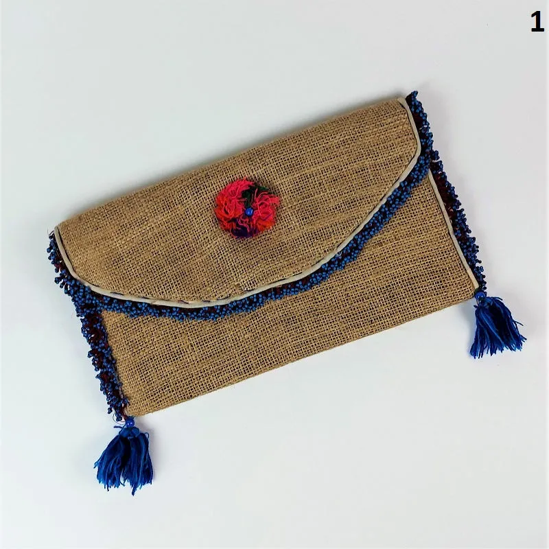 Jute coffee bean clutch bag with colorful accents