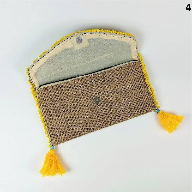 Jute coffee bean clutch bag with colorful accents